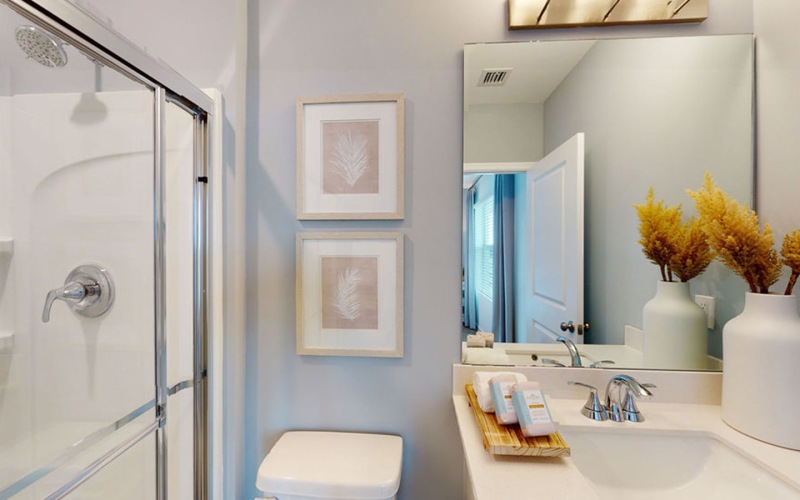 bathroom with bathtub and large mirror